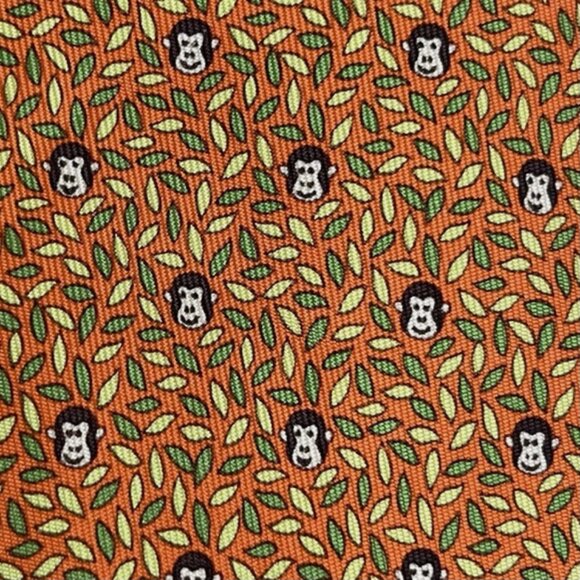 100% REAL HERMES TIE ~ ORANGE w FUN MONKEY APES HIDING IN THE BUSH TREES XL - Picture 1 of 6